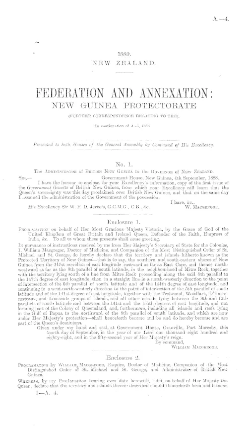 FEDERATION AND ANNEXATION: NEW GUINEA PROTECTORATE (FURTHER CORRESPONDENCE RELATING TO THE). [In continuation of A.-5, 1888.]