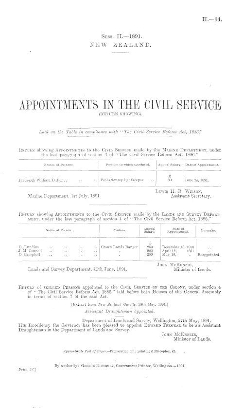 APPOINTMENTS IN THE CIVIL SERVICE (RETURN SHOWING).