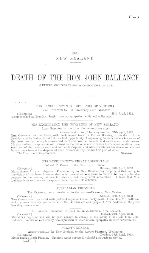 DEATH OF THE HON. JOHN BALLANCE (LETTERS AND TELEGRAMS OF CONDOLENCE ON THE).