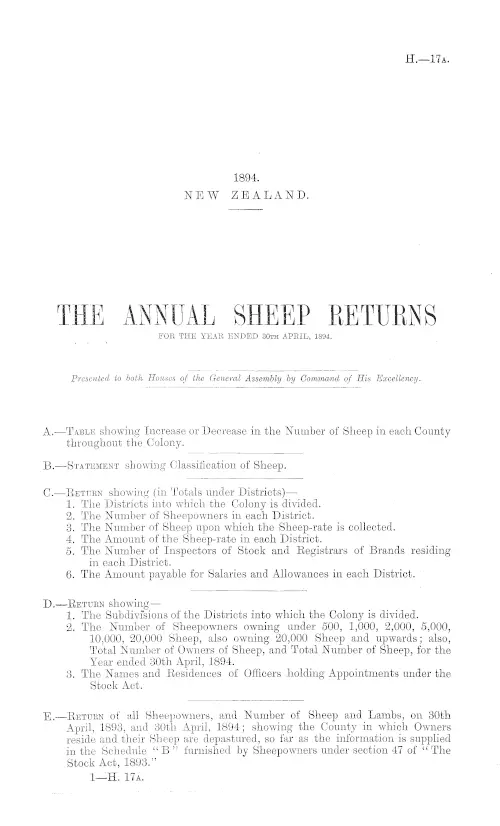 THE ANNUAL SHEEP RETURNS FOR THE YEAR ENDED 30th APRIL, 1894.