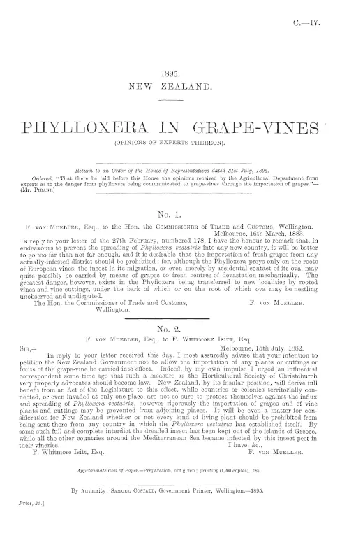 PHYLLOXERA IN GRAPE-VINES (OPINIONS OF EXPERTS THEREON).