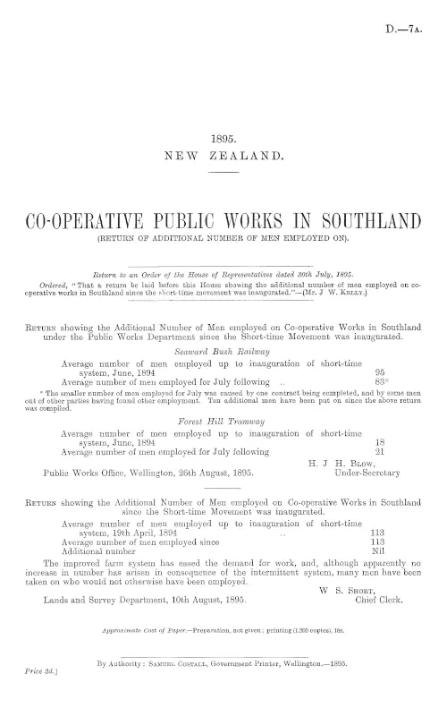 CO-OPERATIVE PUBLIC WORKS IN SOUTHLAND (RETURN OF ADDITIONAL NUMBER OF MEN EMPLOYED ON).