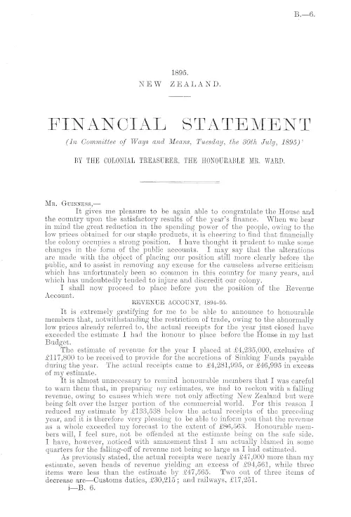 FINANCIAL STATEMENT (In Committee of Ways and Means, Tuesday, the 30th July, 1895) BY THE COLONIAL TREASURER, THE HONOURABLE MR. WARD.