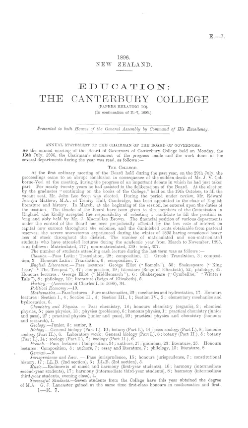 EDUCATION: THE CANTERBURY COLLEGE (PAPERS RELATING TO). [In continuation of E.-7, 1895.]