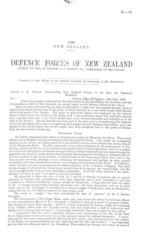 DEFENCE FORCES OF NEW ZEALAND (REPORT ON THE), BY COLONEL A.P. PENTON, R.A., COMMANDER OF THE FORCES.