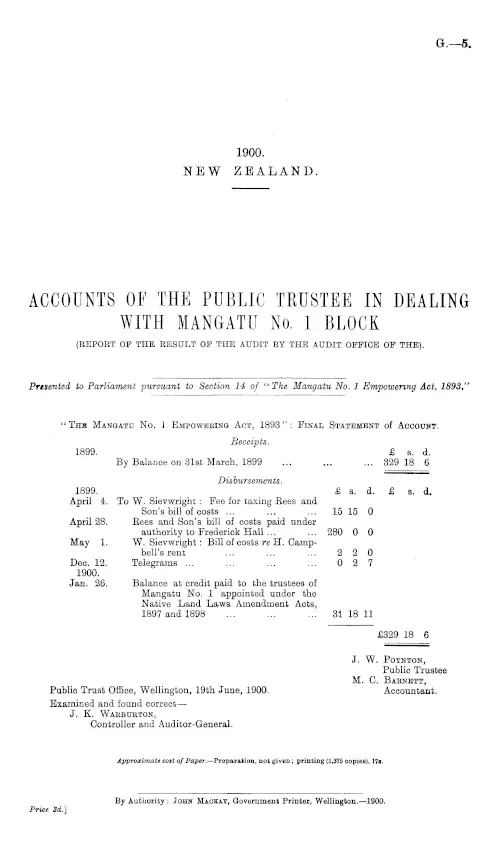 ACCOUNTS OF THE PUBLIC TRUSTEE IN DEALING WITH MANGATU No. 1 BLOCK (REPORT OF THE RESULT OF THE AUDIT BY THE AUDIT OFFICE OF THE).