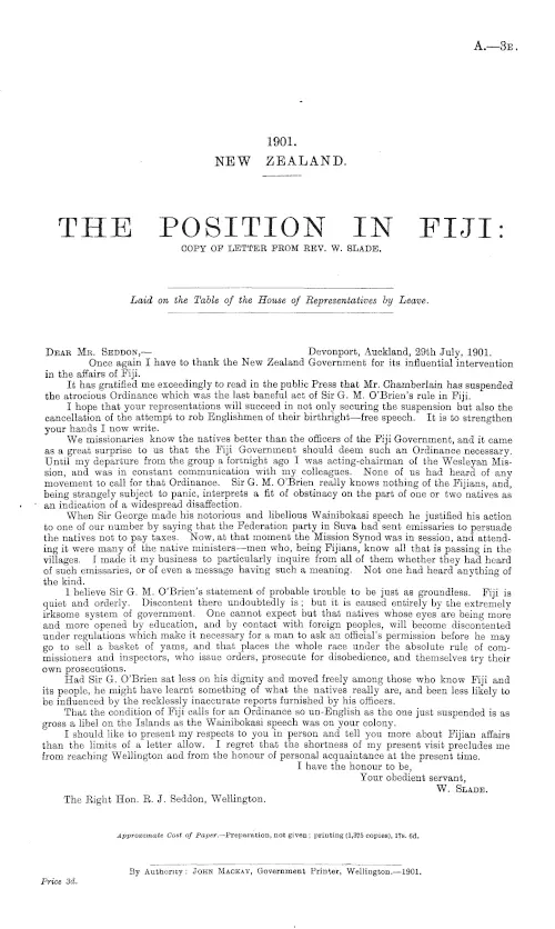 THE POSITION IN FIJI: COPY OF LETTER FROM REV. W. SLADE.