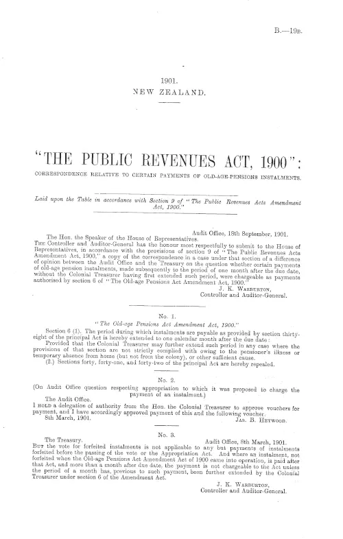 "THE PUBLIC REVENUES ACT, 1900": CORRESPONDENCE RELATIVE TO CERTAIN PAYMENTS OF OLD-AGE-PENSIONS INSTALMENTS.