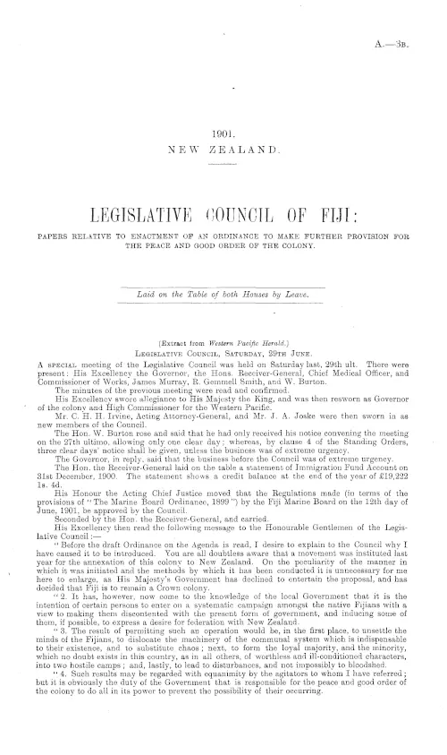 LEGISLATIVE COUNCIL OF FIJI: PAPERS RELATIVE TO ENACTMENT OF AN ORDINANCE TO MAKE FURTHER PROVISION FOR THE PEACE AND GOOD ORDER OF THE COLONY.