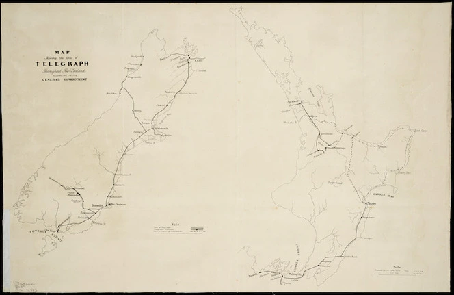 Map shewing the lines of telegraph throughout New Zealand belonging to the General Government [cartographic material].