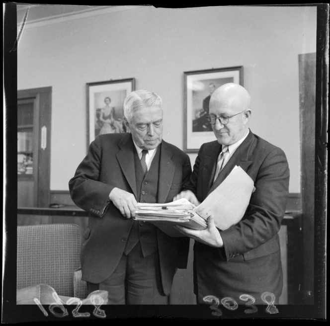 Final meeting between New Zealand Prime Minister Walter Nash (left), and the New Zealand Minister of Finance Arnold Nordmeyer, before Nash went to the Commonwealth Trade and Economic Conference in Montreal