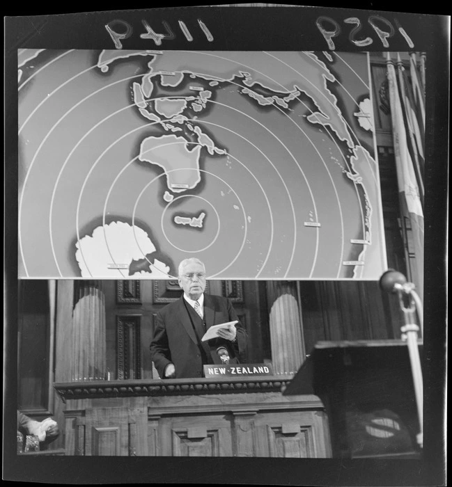 Prime Minister Walter Nash adresses the South East Asian Treaty Organisation (SEATO) conference in Wellington, including map in background