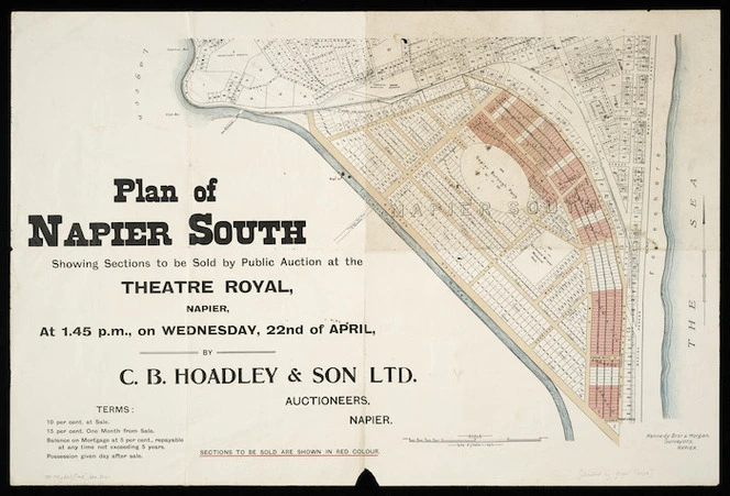 Plan of Napier South [cartographic material] : showing sections to be sold by public auction at the Theatre Royal, Napier at 1.45 p.m. on Wednesday, 22nd of April by C.B. Hoadley & Son Ltd., auctioneers, Napier / Kennedy Bros. & Morgan, surveyors.