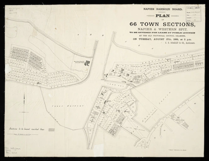 Plan of  66 town  sections, Napier & Western Spit [cartographic material] : to be offered for lease by public auction ... August 27th,1889 ... C.B. Hoadley, auctioneers.
