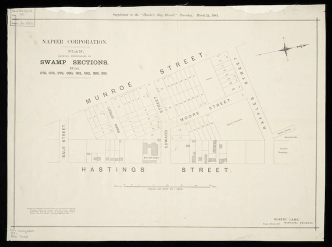 Plan showing sub-divisions of swamp sections nos.4375, 378, 379, 380, 381, 382, 383, 385 Napier [cartographic material] / Robert Lamb, Municipal Engineer.