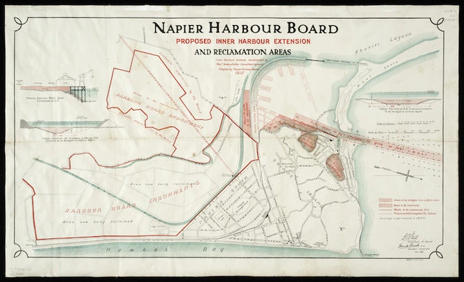 Napier Harbour Board proposed inner harbour extension and reclamation area [cartographic material] / scheme recommended by Messrs Keele & Cullen, consulting engineers ; adopted by Napier Harbour Board, 1912.