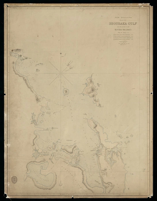 New Zealand (North Isle) Shouraka Gulf and the mouth of the River Thames [cartographic material] : from the surveys of Captain James Cook ... 1769, Mr James Downie ... 1820, Le Capitaine D'urville ... 1827, Mr Frederick Sadler ... 1834.