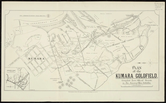 Plan of the Kumara goldfield [cartographic material] : compiled from official records in the Survey Office, Hokitika / C.H. Pierard, del.