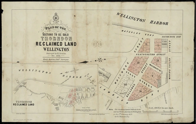 Plan of the sections to be sold Thorndon reclaimed land, Wellington [cartographic material] / surveyed by E.V. Briscoe, Nov. 1878 ; drawn by A. Koch ; photo-lithographed by A. McColl.