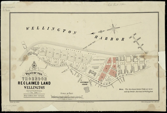 Plan of the Thorndon reclaimed land, Wellington [cartographic material] / surveyed by E.V. Briscoe, Nov. 1878 ; drawn by A. Koch.