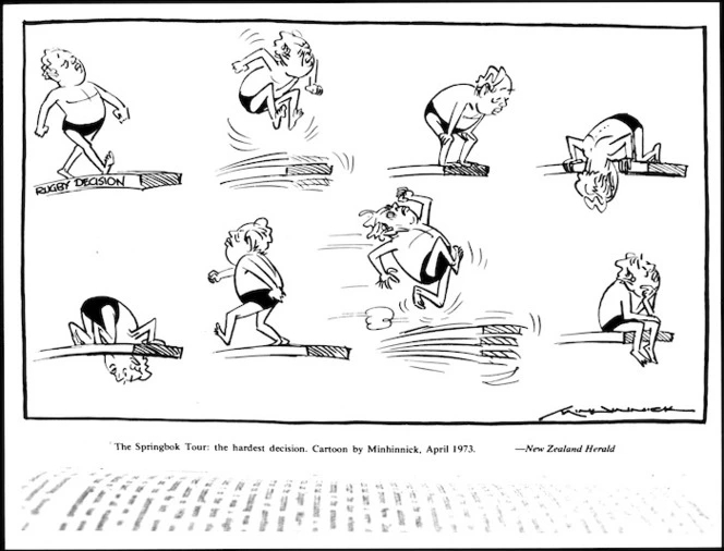 Minhinnick, Gordon Edward George (Sir), 1902-1992:The Springbok Tour.The hardest decision. New Zealand Herald, April 1973.