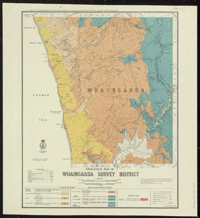 Geological map of Whaingaroa survey district [cartographic material] / drawn by G.E. Harris.