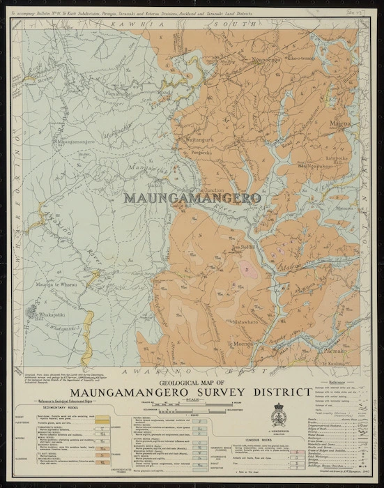 Geological map of Maungamangero survey district [cartographic material] / compiled and drawn by A.W. Hampton.