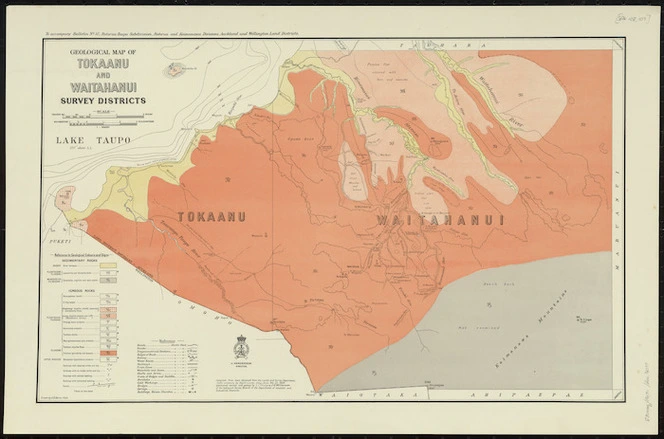 Geological map of Tokaanu and Waitahanui survey districts [cartographic material] / drawn by G.E. Harris.