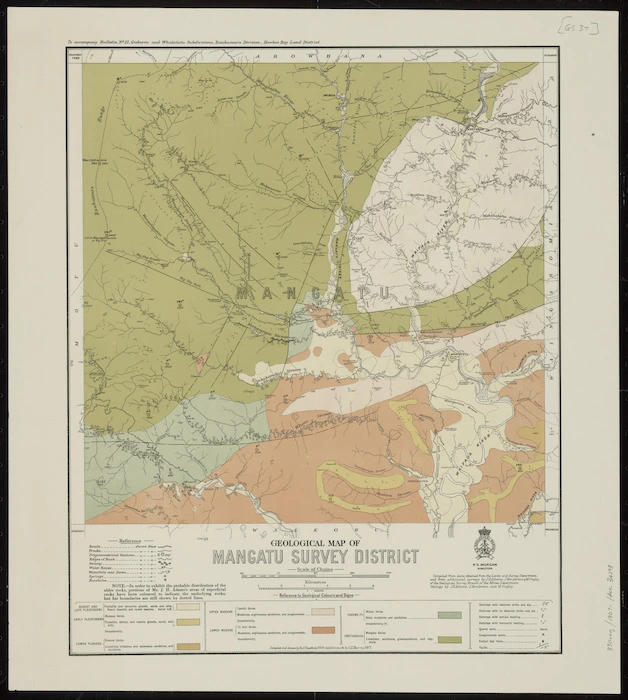 Geological map of Mangatu survey district [cartographic material] / compiled and drawn by R.J. Crawford ; additions by G.E. Harris.