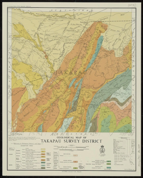 Geological map of Takapau Survey District [cartographic material] / drawn by A.W. Hampton.