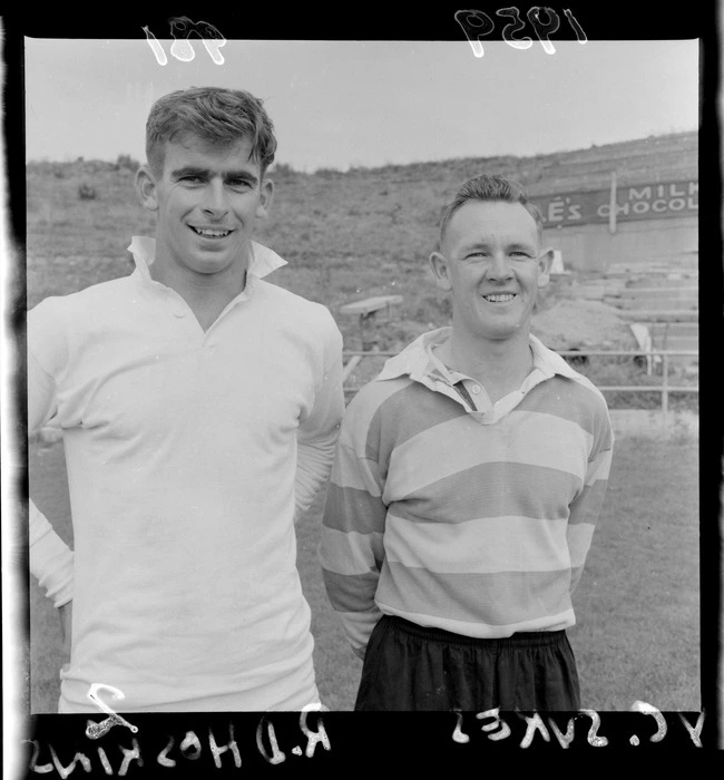 Rugby union football players at Athletic Park, Wellington - V C Sykes and R D Hoskins