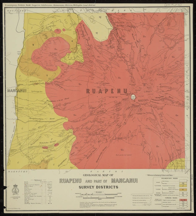Geological map of Ruapehu and part of Manganui Survey Districts [cartographic material] / drawn by G.E. Harris.