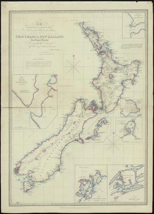 To the Right Honourable the Secretary of State for the Colonies, this chart of New Zealand [cartographic material] / from original surveys is respectfully dedicated by James Wyld.