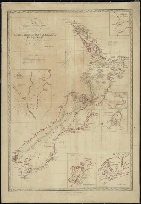 To the Right Honourable the Secretary of State for the Colonies etc. this chart of New Zealand from original surveys [cartographic material] / engraved by Jas Wyld, Charing Cross East.