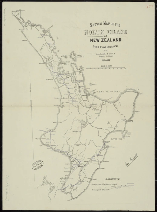 Sketch map of the North Island of New Zealand [cartographic material] / W.N. Blair, Engineer in charge ; drawn by A. Koch.  Sketch map of the Middle Island of New Zealand / John Blackett, Engineer in charge ; drawn by A. Koch.