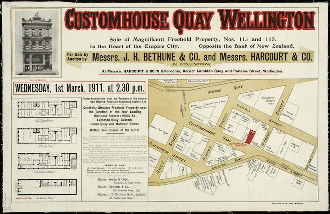 Customhouse Quay, Wellington [cartographic material] : sale of magnificent freehold property, nos. 113 and 115 ...