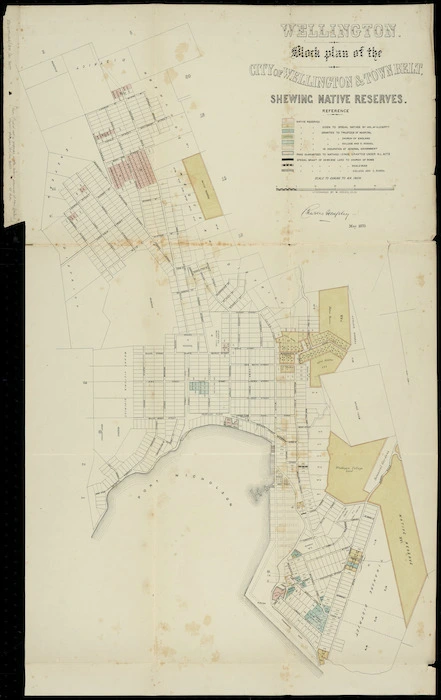Wellington [cartographic material] : block plan of the city of Wellington & town belt shewing native reserves / Charles Heaphy ; lithographed by W. Reeves.
