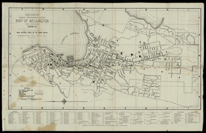 Stones' handy reference street map of Wellington and suburbs, 1898-9 [cartographic material] / expressly compiled from official sources for Stones' Wellington, Hawke's Bay, and Taranaki directory by Thomas Ward.