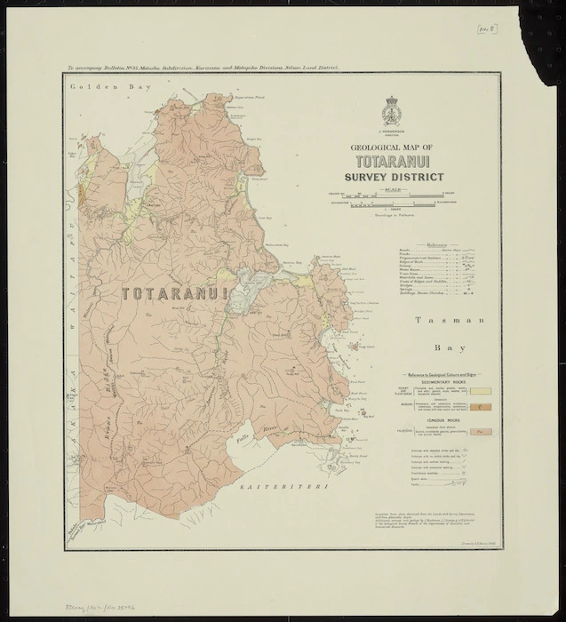 Geological map of Totaranui survey district [cartographic material] / drawn by G.E. Harris.