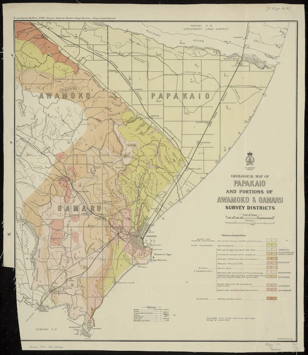 Geological map of Papakaio and portions of Awamoko & Oamaru Survey Districts [cartographic material] / drawn by G.E. Harris.