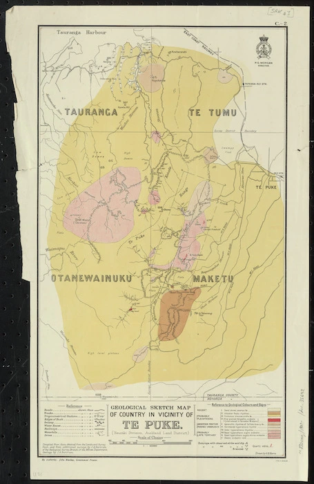 Geological sketch map of country in vicinity of Te Puke (Hauraki Division, Auckland Land District) [cartographic material] / drawn by G.E. Harris.