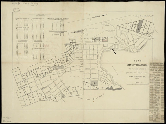 Plan of the city of Wellington, showing town belt leases & reserves [cartographic material] / prepared for the City Corporation by Charles O'Neill.