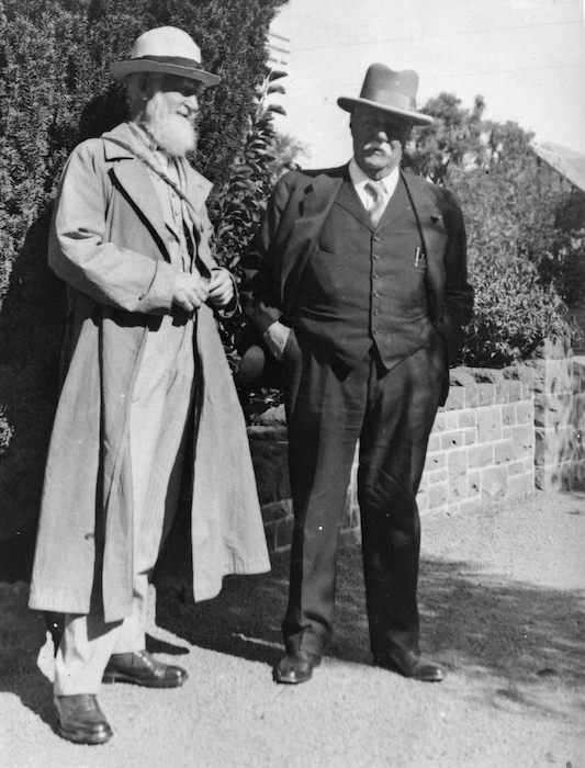 George Bernard Shaw and Sir Joseph James Kinsey at Kinsey's home `Warrimoo' on Papanui Road, Christchurch. Ref: 1/2-020830. Alexander Turnbull Library, Wellington, New Zealand. http://natlib.govt.nz/records/22899021