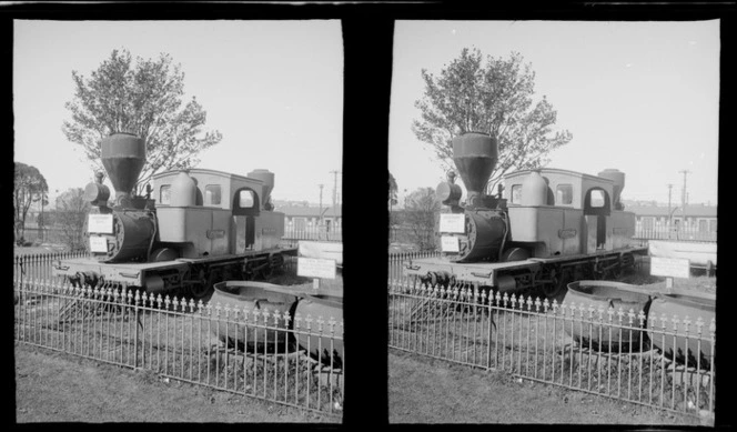 View of the E Class Double-ended Fairlie Steam Locomotive Josephine assembled in '1872' beside whaling pots, Otago Settlers Museum, Dunedin
