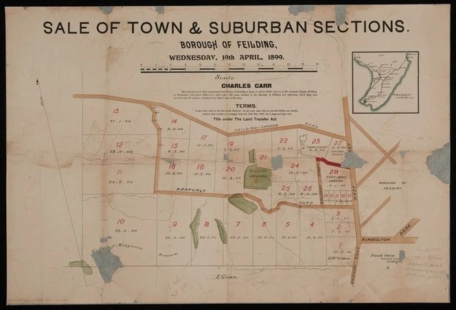 Sale of town & suburban sections, Borough of Feilding [cartographic material] : Wednesday, 19th April, 1899 / Frank Owen, surveyor.