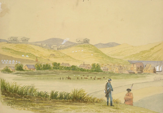 Hamley, Joseph Osbertus, 1820-1911 :Wanganui, showing blockhouses from the sandhills. [16 January 1865]