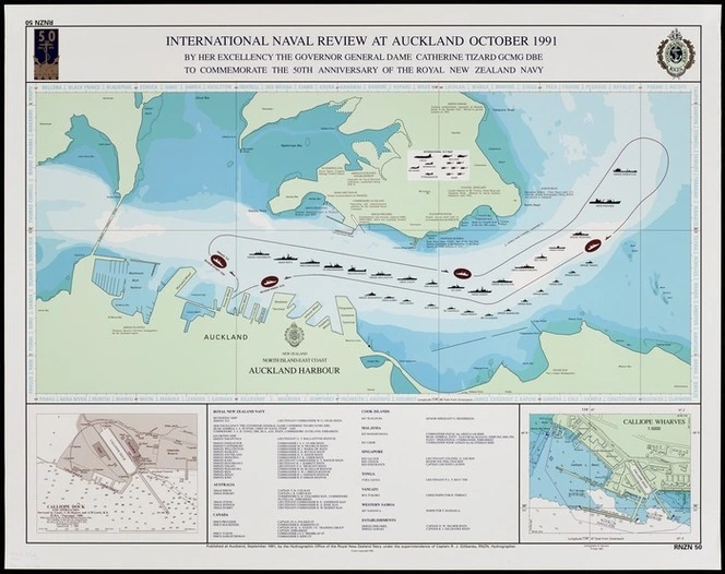 International naval review at Auckland, October 1991 [electronic resource] : by Her Excellency the Governor General Dame Catherine Tizard GCMG DBE to commemorate the 50th anniversary of the Royal New Zealand Navy / cartography, S. Gerrard.