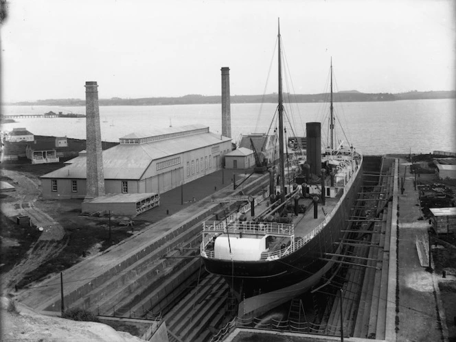 Ship SS Aparama in dry dock, Auckland