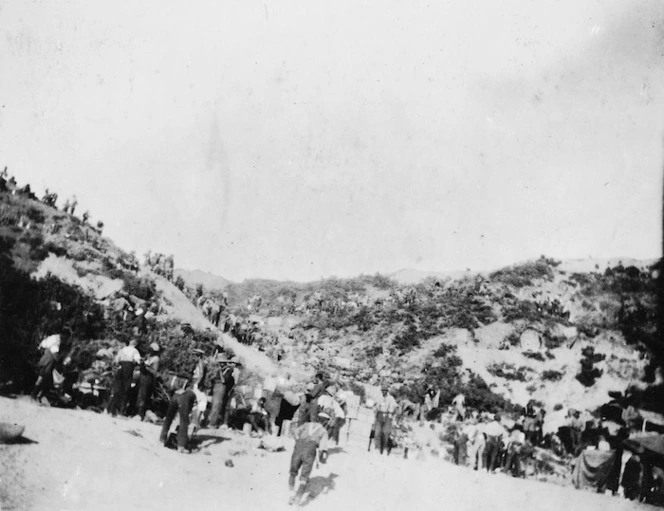 View of beach head and valley crowded with soldiers, Gallipoli, Turkey