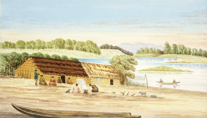 Hamley, Joseph Osbertus 1820-1911 :Horowhenua Lake, famous for wild duck shooting. [Lake Papaitonga, ca 1870]